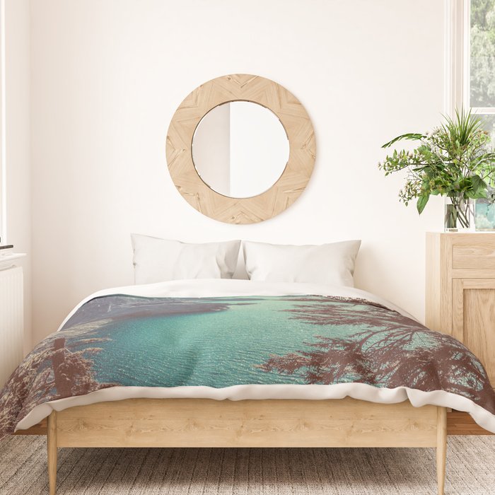 Vintage Blue Crater Lake and Trees - Nature Photography Duvet Cover Gallery Image 3