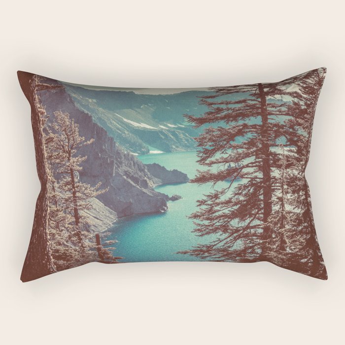 Vintage Blue Crater Lake and Trees - Nature Photography Rectangular Pillow Gallery Image 1