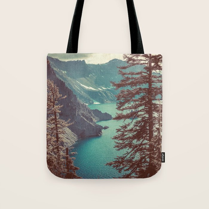 Vintage Blue Crater Lake and Trees - Nature Photography Tote Bag Gallery Image 1