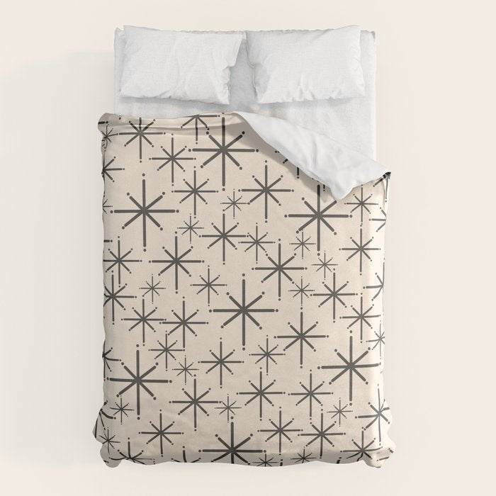 Stella II - Atomic Age Mid Century Modern Starburst Pattern in Charcoal Gray and Almond Cream  Duvet Cover Gallery Image 6