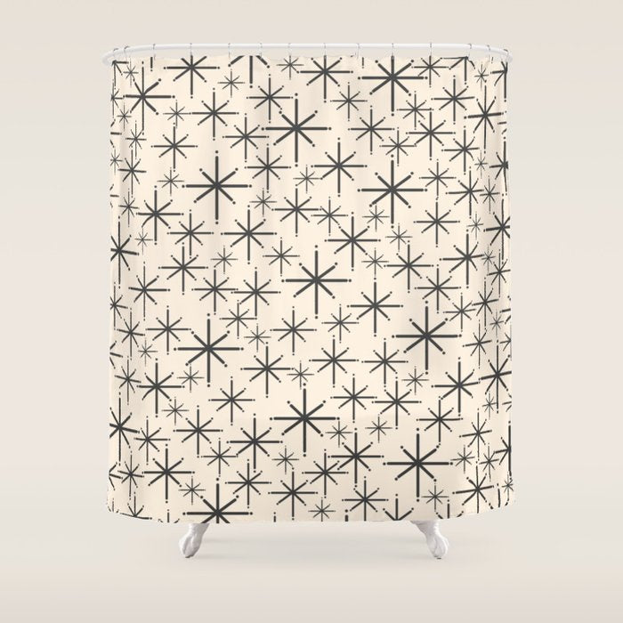 Stella II - Atomic Age Mid Century Modern Starburst Pattern in Charcoal Gray and Almond Cream  Shower Curtain Gallery Image 1