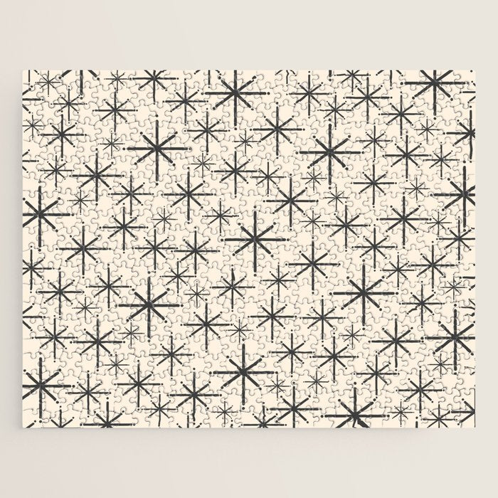 Stella II - Atomic Age Mid Century Modern Starburst Pattern in Charcoal Gray and Almond Cream  Jigsaw Puzzle Gallery Image 1