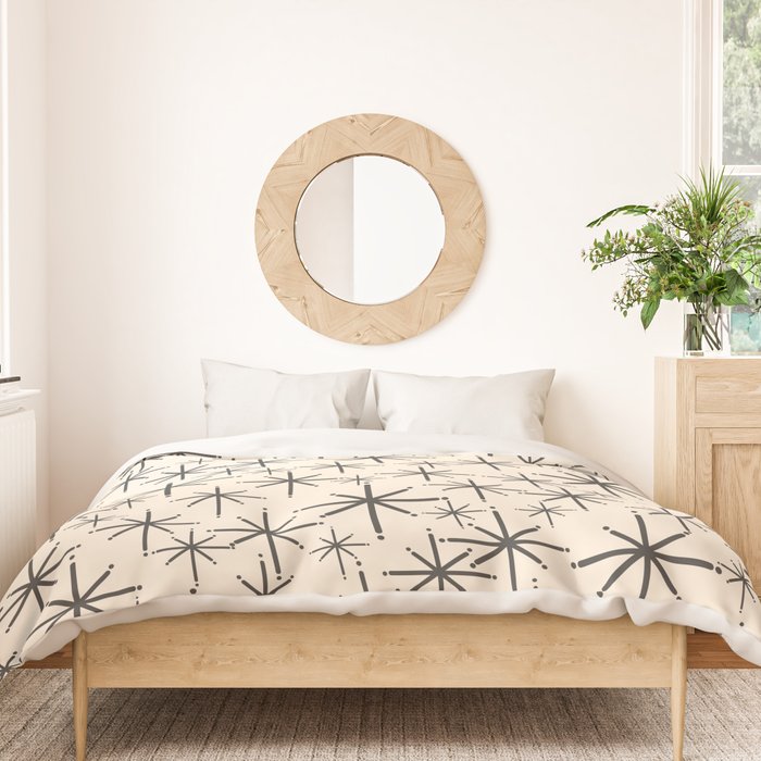 Stella II - Atomic Age Mid Century Modern Starburst Pattern in Charcoal Gray and Almond Cream  Duvet Cover Gallery Image 3