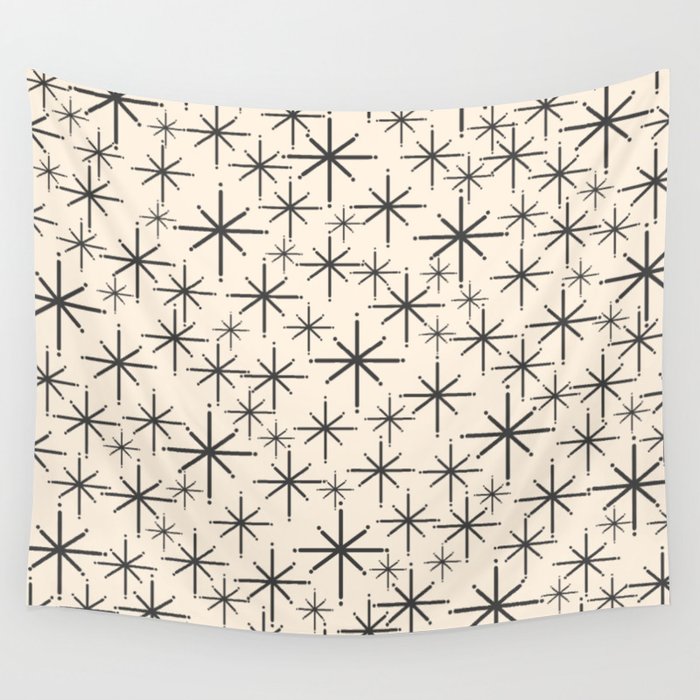 Stella II - Atomic Age Mid Century Modern Starburst Pattern in Charcoal Gray and Almond Cream  Wall Tapestry Gallery Image 4