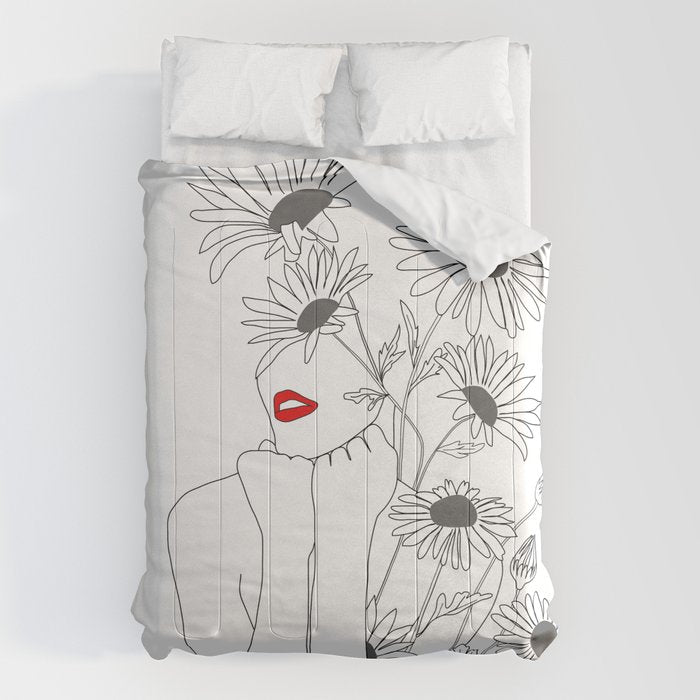 Minimal Line Art Girl with Sunflowers Comforter Gallery Image 1