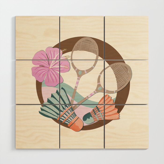 Tropical Badminton badge - pink, orange and teal Wood Wall Art Gallery Image 1