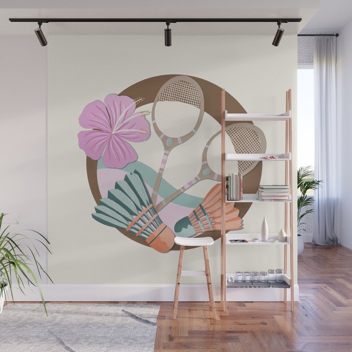 Tropical Badminton badge - pink, orange and teal Wall Mural Gallery Image 1