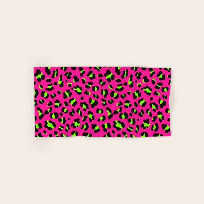 80s Neon Pink and Lime Green Leopard Bath Towel Gallery Image 1