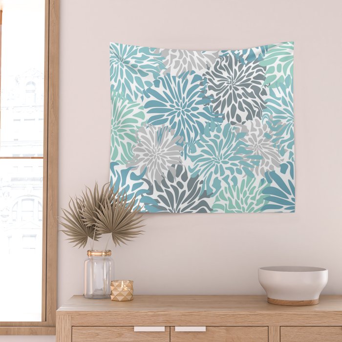 Chic, Flowers Print, Teal, Aqua, Gray Wall Tapestry Gallery Image 2