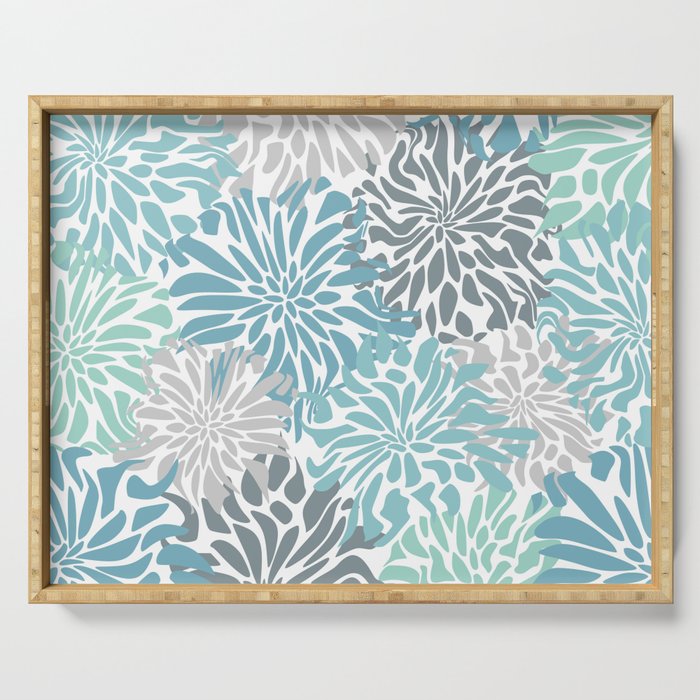 Chic, Flowers Print, Teal, Aqua, Gray Serving Tray Gallery Image 1