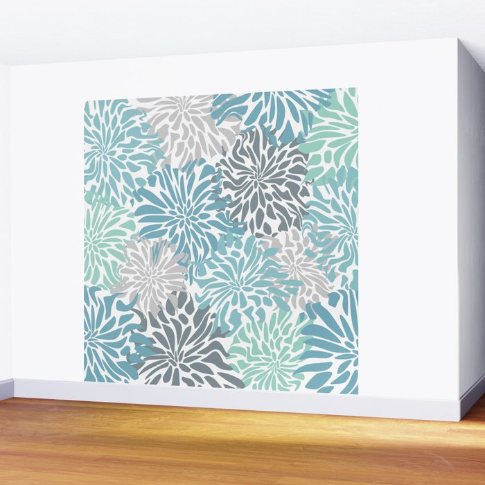 Chic, Flowers Print, Teal, Aqua, Gray Wall Mural Gallery Image 2