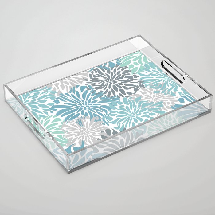 Chic, Flowers Print, Teal, Aqua, Gray Acrylic Tray Gallery Image 1