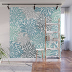 Chic, Flowers Print, Teal, Aqua, Gray Wall Mural Gallery Image 1
