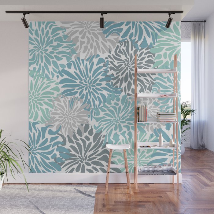 Chic, Flowers Print, Teal, Aqua, Gray Wall Mural Gallery Image 1