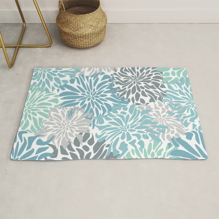 Chic, Flowers Print, Teal, Aqua, Gray Rug Gallery Image 1