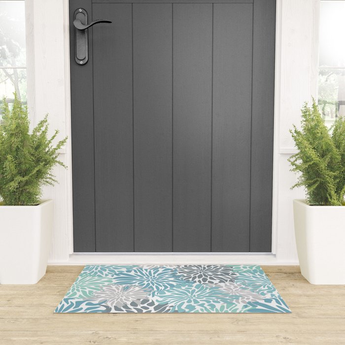 Chic, Flowers Print, Teal, Aqua, Gray Welcome Mat Gallery Image 3