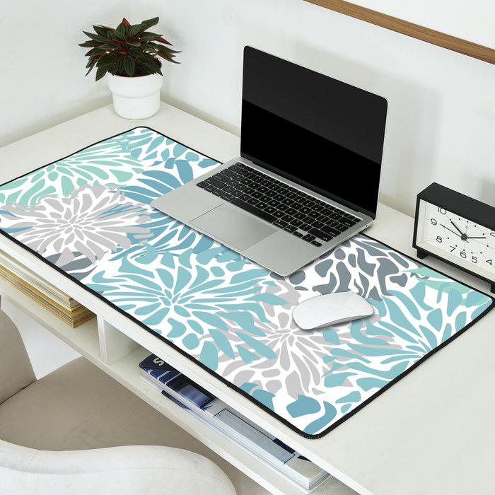 Chic, Flowers Print, Teal, Aqua, Gray Desk Mat Gallery Image 2