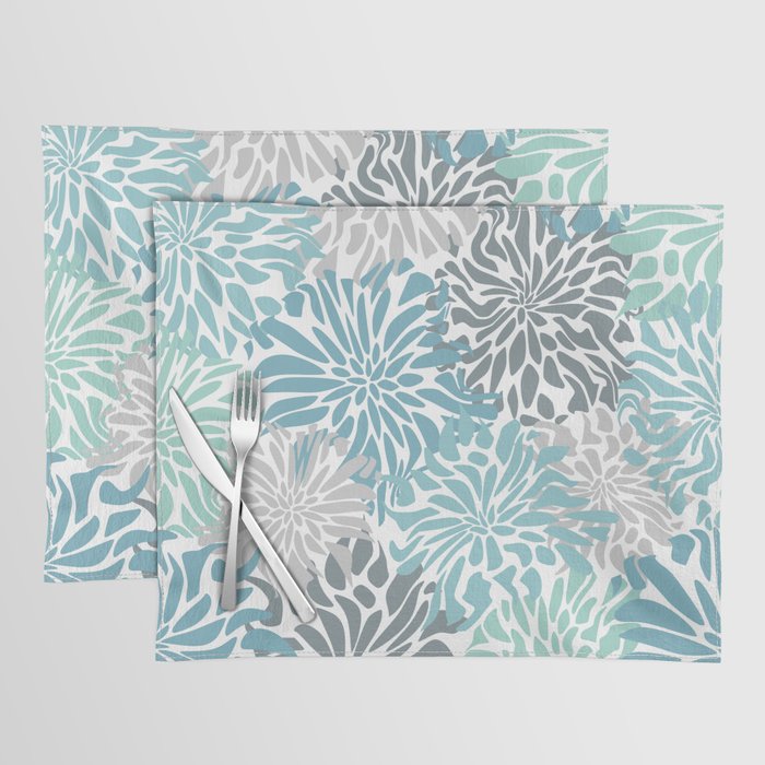 Chic, Flowers Print, Teal, Aqua, Gray Placemat Gallery Image 1