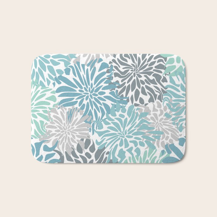 Chic, Flowers Print, Teal, Aqua, Gray Bath Mat Gallery Image 1