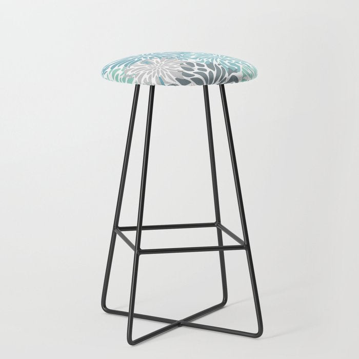 Chic, Flowers Print, Teal, Aqua, Gray Stool Gallery Image 1