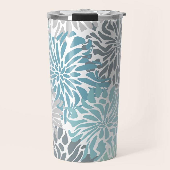 Chic, Flowers Print, Teal, Aqua, Gray Travel Mug Gallery Image 1