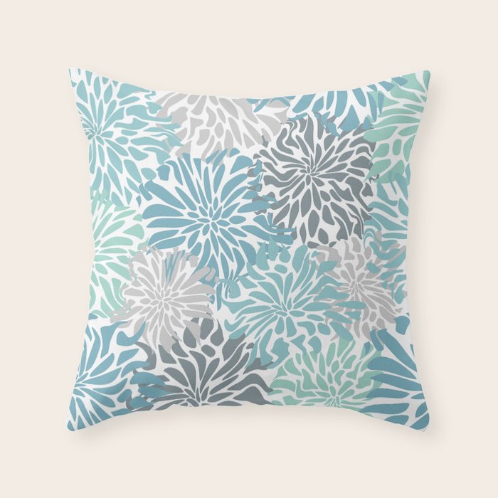 Chic, Flowers Print, Teal, Aqua, Gray Throw Pillow Gallery Image 6