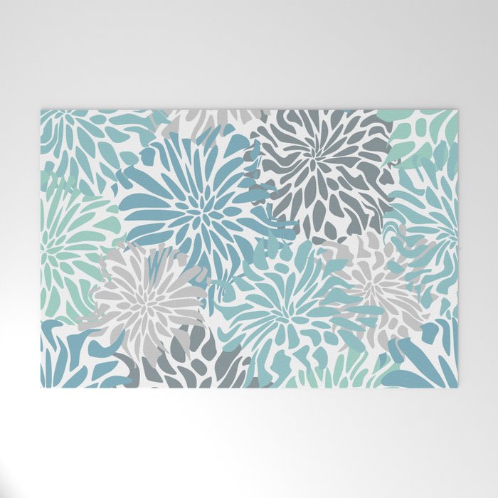 Chic, Flowers Print, Teal, Aqua, Gray Welcome Mat Gallery Image 1