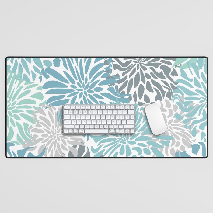 Chic, Flowers Print, Teal, Aqua, Gray Desk Mat Gallery Image 1