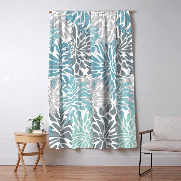 Chic, Flowers Print, Teal, Aqua, Gray Window Curtain Gallery Image 5