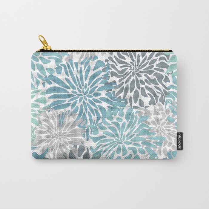 Chic, Flowers Print, Teal, Aqua, Gray Carry All Pouch Gallery Image 1