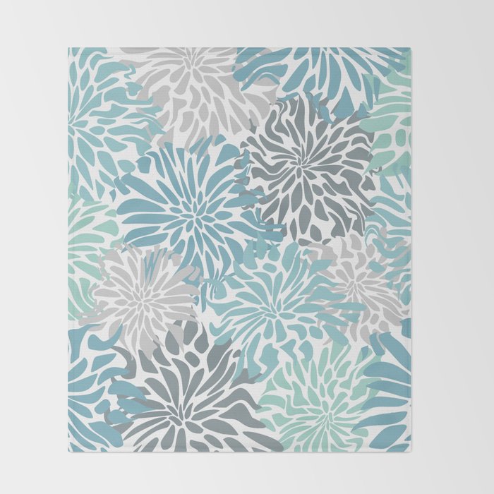 Chic, Flowers Print, Teal, Aqua, Gray Throw Blanket Gallery Image 2