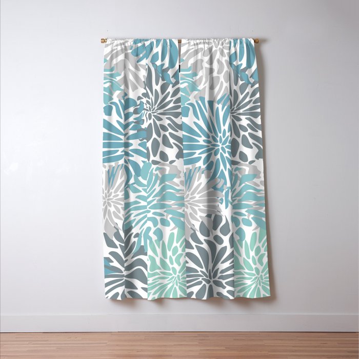 Chic, Flowers Print, Teal, Aqua, Gray Window Curtain Gallery Image 3