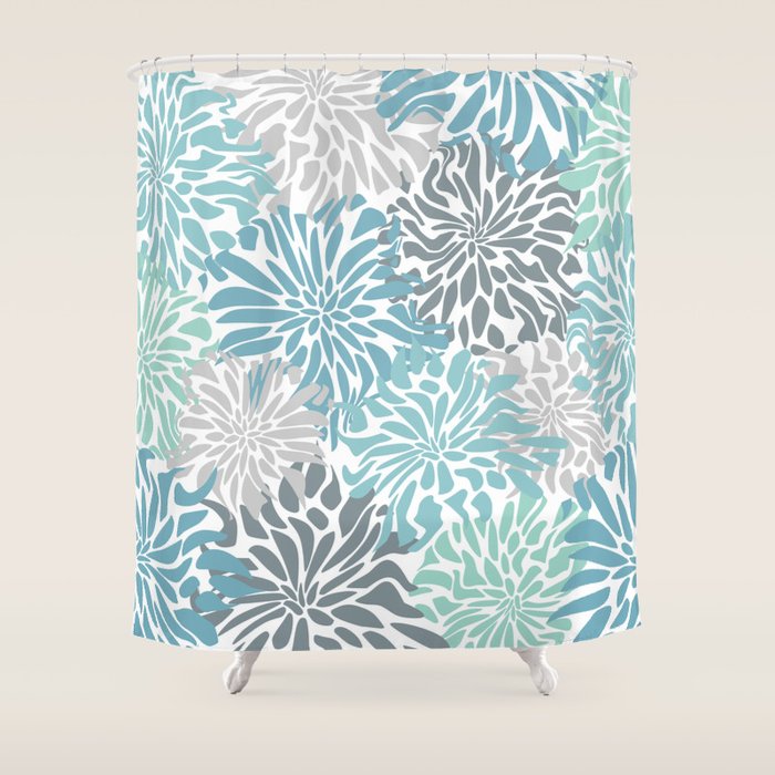 Chic, Flowers Print, Teal, Aqua, Gray Shower Curtain Gallery Image 1