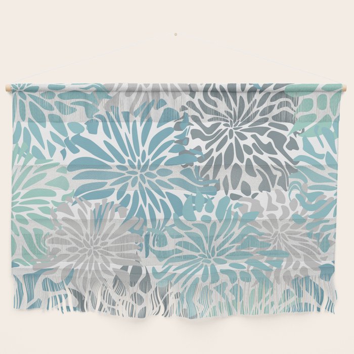 Chic, Flowers Print, Teal, Aqua, Gray Wall Hanging Gallery Image 1