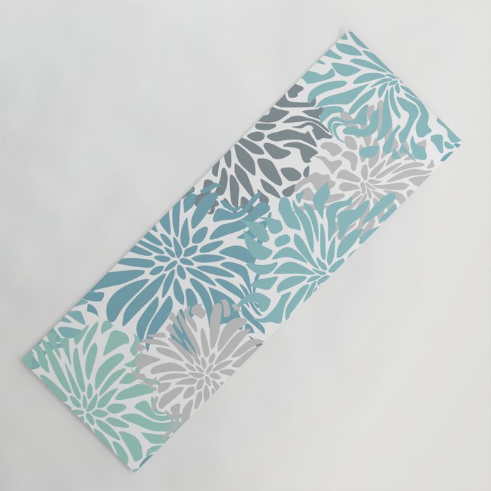 Chic, Flowers Print, Teal, Aqua, Gray Yoga Mat Gallery Image 1
