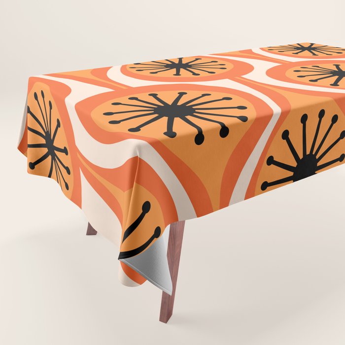 Mid Century Modern Atomic Drops Retro Pattern Orange Cream Black  Tablecloth Gallery Image 1