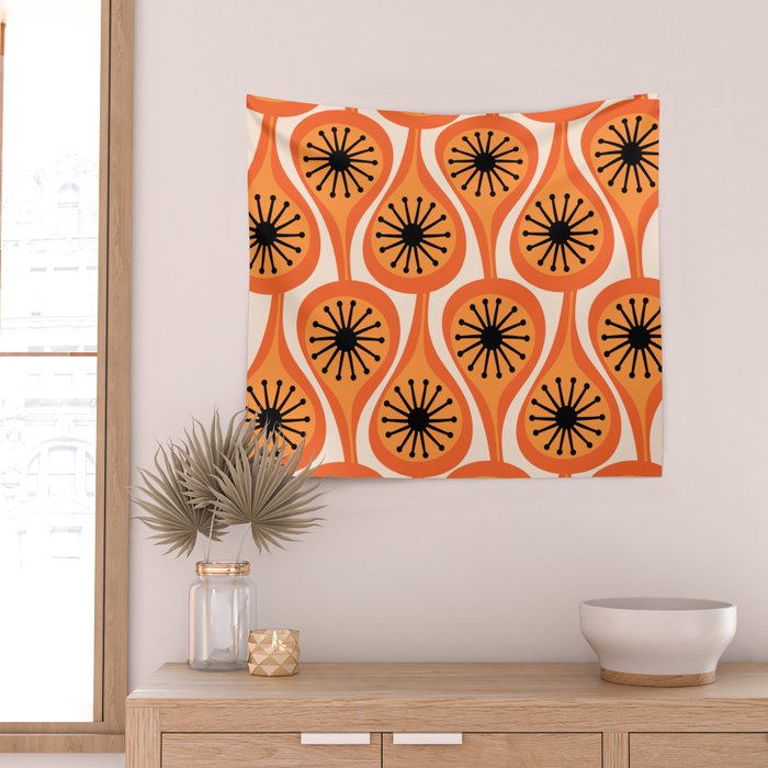 Mid Century Modern Atomic Drops Retro Pattern Orange Cream Black  Wall Tapestry Gallery Image 2