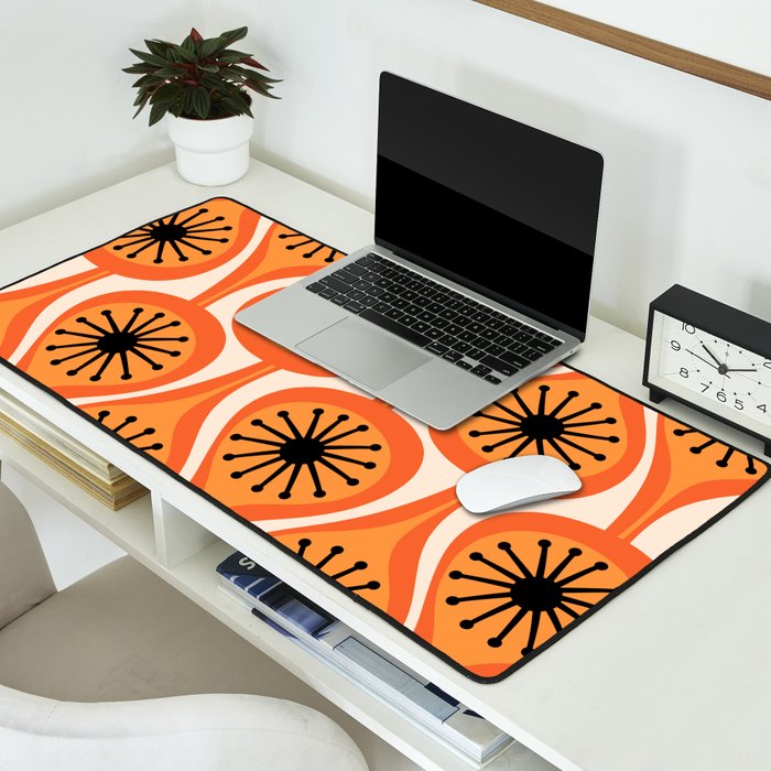 Mid Century Modern Atomic Drops Retro Pattern Orange Cream Black  Desk Mat Gallery Image 2