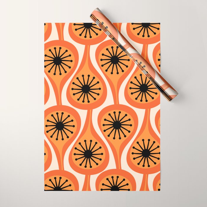 Mid Century Modern Atomic Drops Retro Pattern Orange Cream Black  Wrapping Paper Gallery Image 1