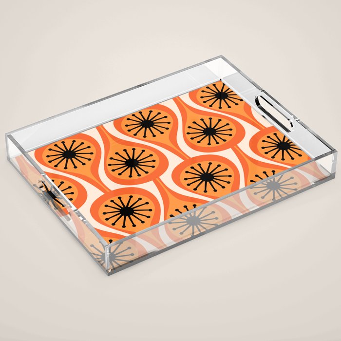Mid Century Modern Atomic Drops Retro Pattern Orange Cream Black  Acrylic Tray Gallery Image 1