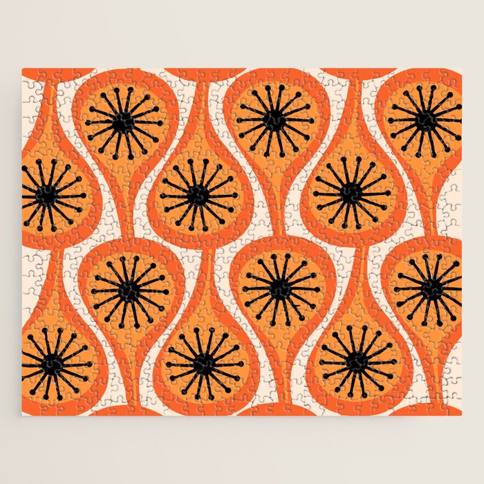 Mid Century Modern Atomic Drops Retro Pattern Orange Cream Black  Jigsaw Puzzle Gallery Image 1