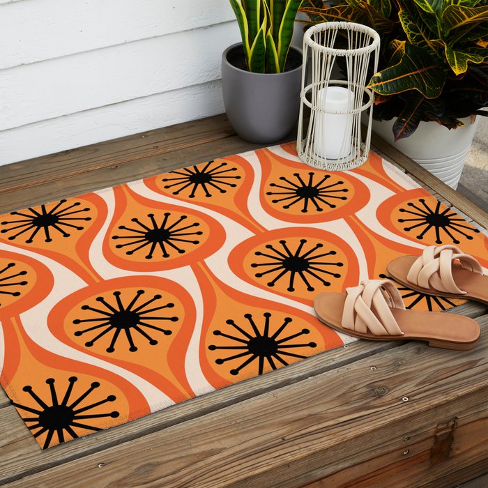 Mid Century Modern Atomic Drops Retro Pattern Orange Cream Black  Outdoor Rug Gallery Image 2