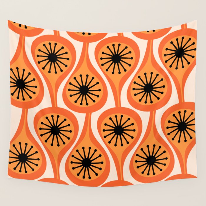 Mid Century Modern Atomic Drops Retro Pattern Orange Cream Black  Wall Tapestry Gallery Image 1