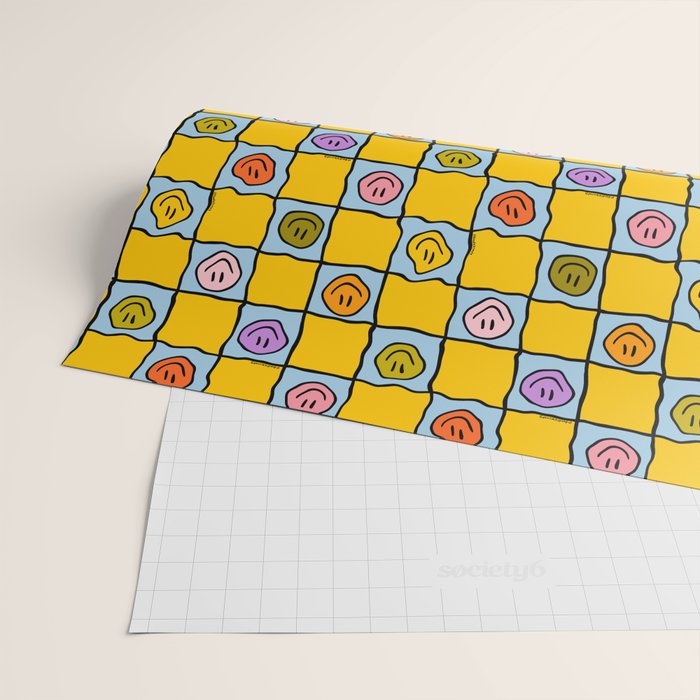 Yellow Happy Face Checkerboard Print Wrapping Paper Gallery Image 2