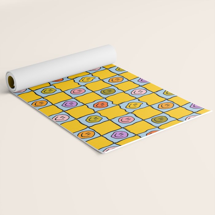 Yellow Happy Face Checkerboard Print Yoga Mat Gallery Image 2