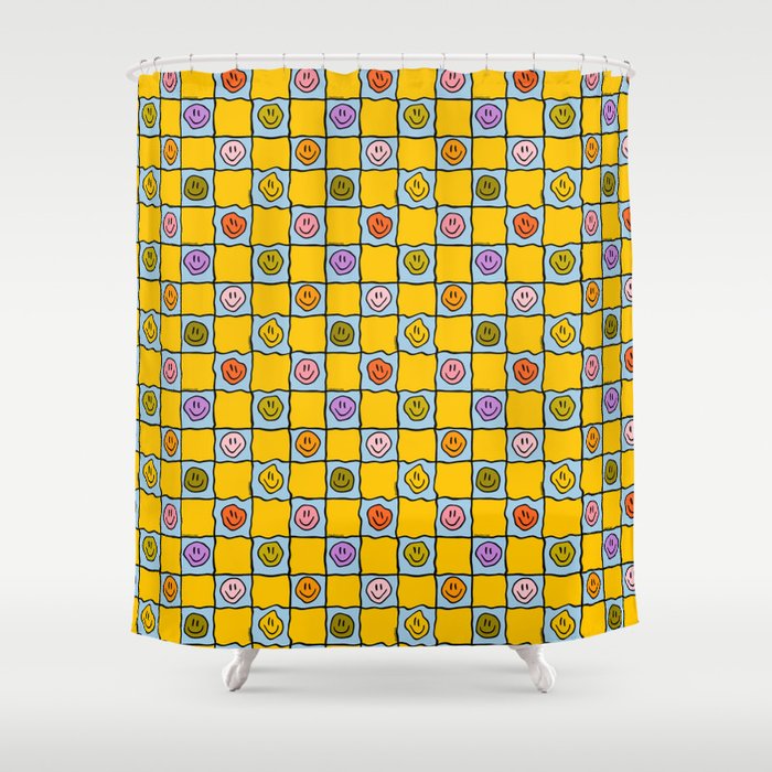 Yellow Happy Face Checkerboard Print Shower Curtain Gallery Image 1
