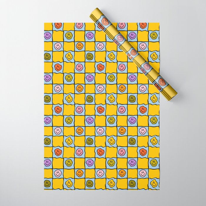 Yellow Happy Face Checkerboard Print Wrapping Paper Gallery Image 1