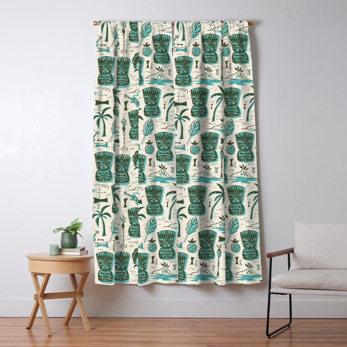 Tropical Tiki - Cream & Aqua Window Curtain