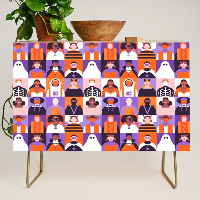 Diverse people in halloween costume pattern Credenza Gallery Image 1