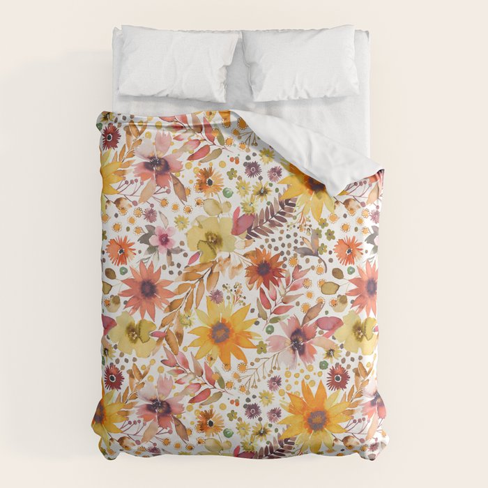 Watercolor Autumn Floral Sunflowers Warm Orange Duvet Cover Gallery Image 6